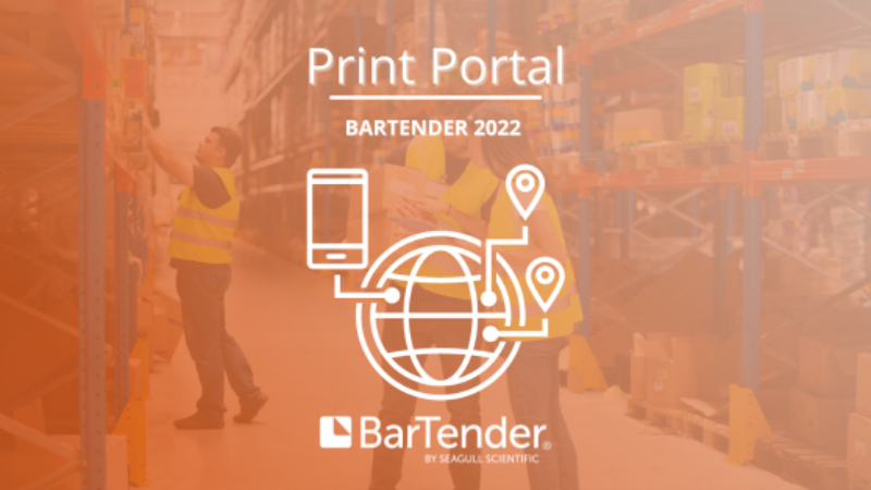 A white Bartender Print Portal pictogram on a orange background